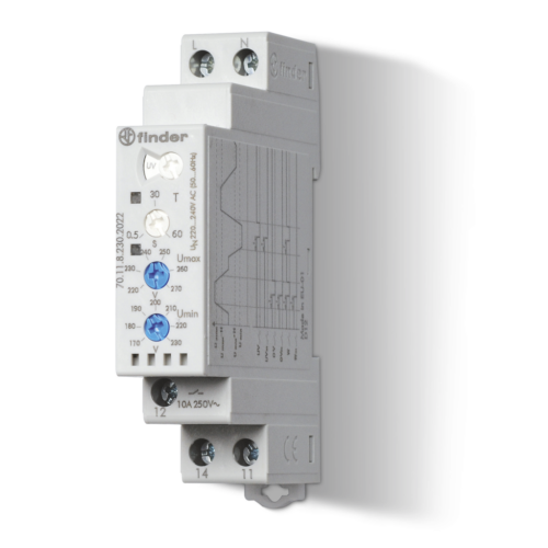 Finder VOLTAGE MONITORING RELAY, 1 PHASE UNDER+OVER+WINDOW, 170-270VAC,